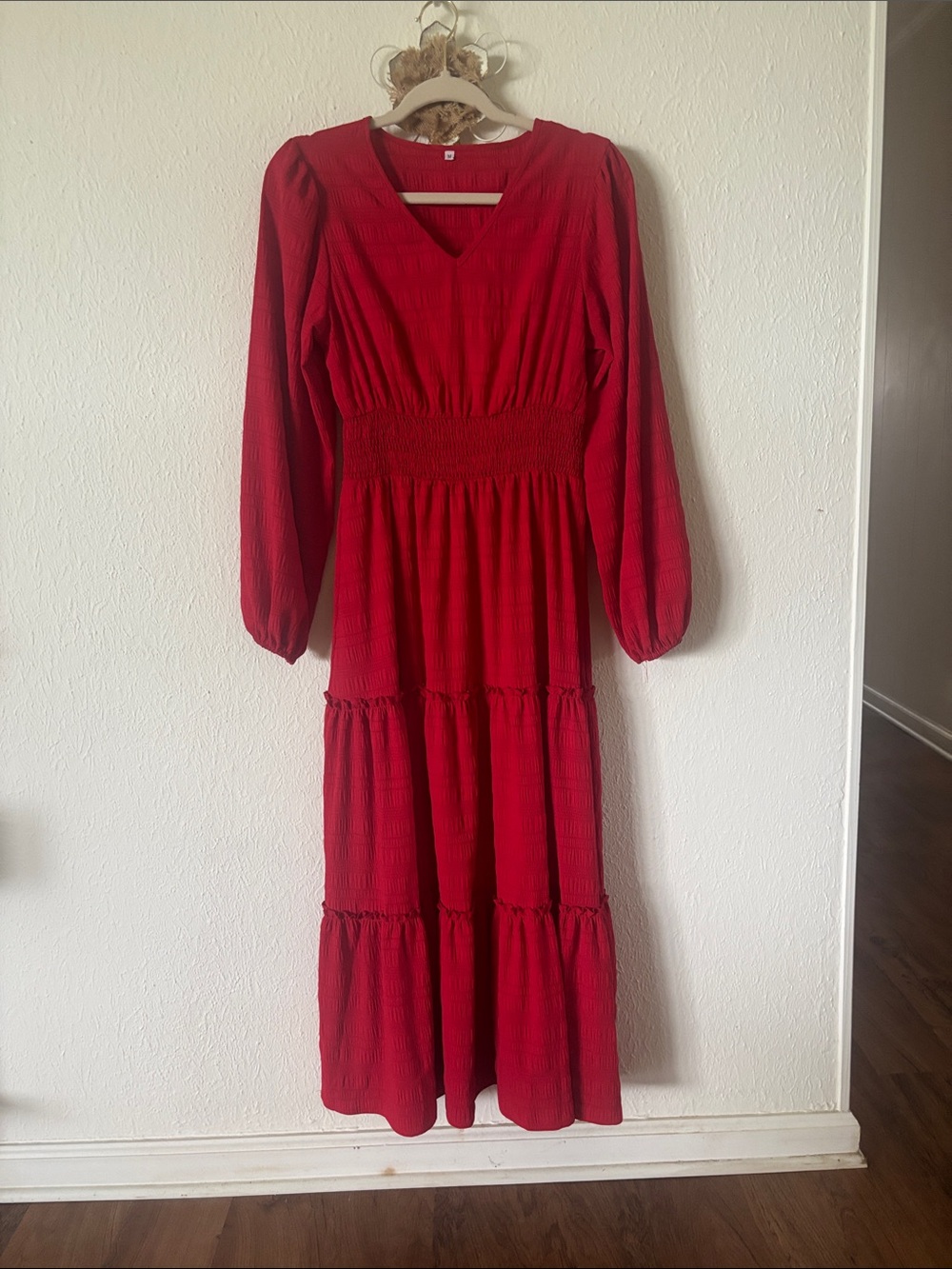 Red Long Sleeve Smocked Waist Maxi Dress - Women's